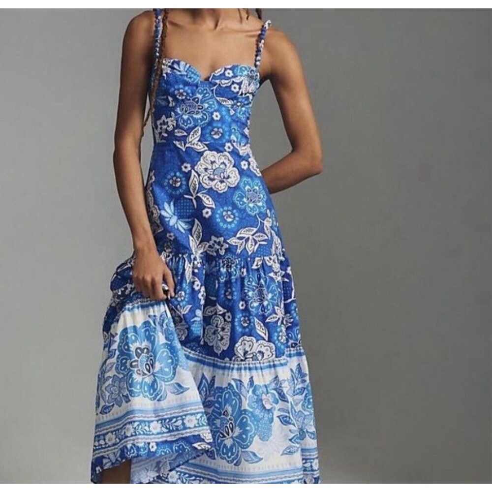 FARM Rio Blue Floral Maxi Dress XS Bustier Corset Tiered Beaded Strap Boho
